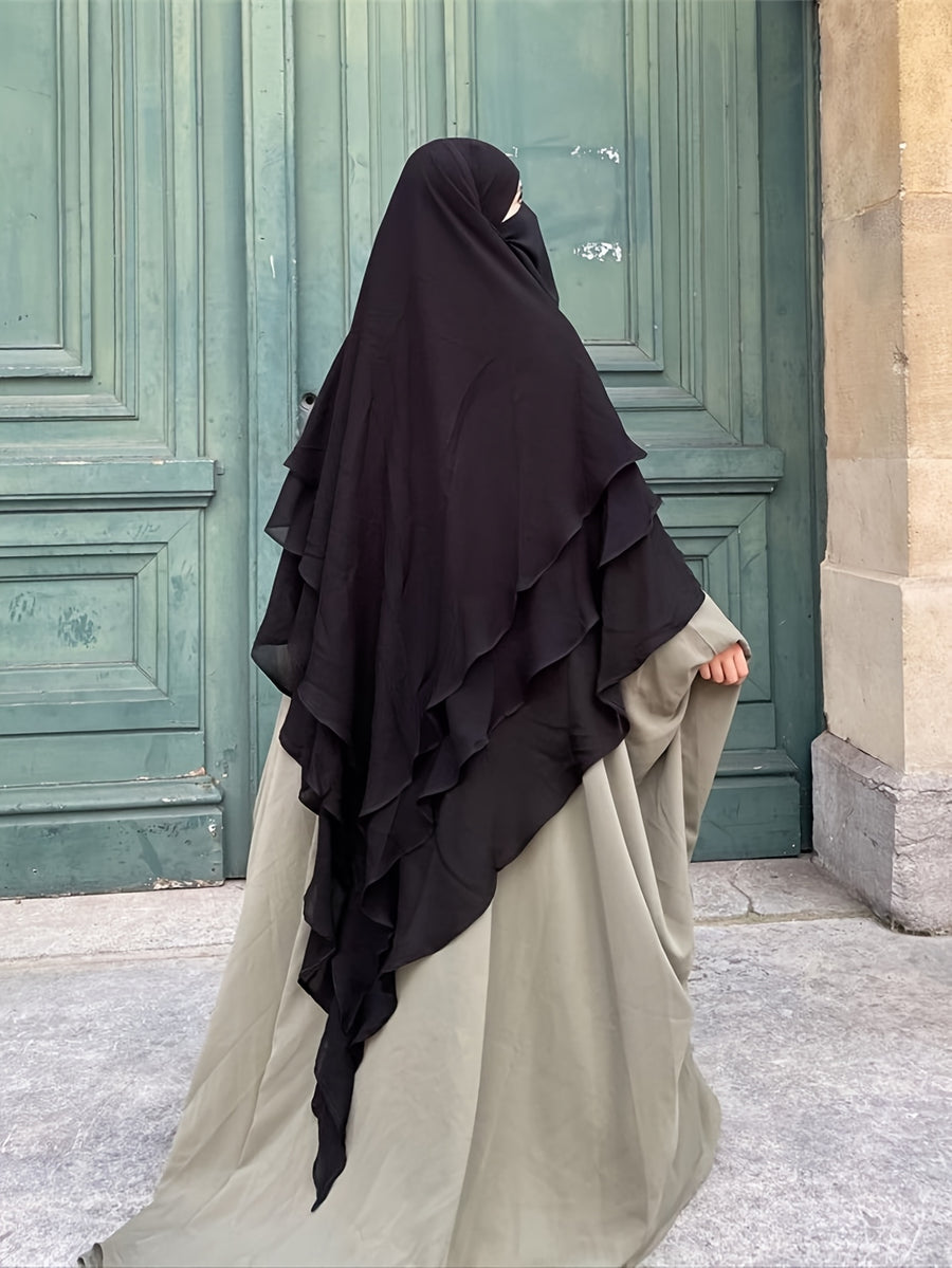 1pc Fashionable, Elegant and Casual Three-layer Chiffon Fabric Solid Color Suitable for Daily Wear, Loose and Comfortable Women's Abaya Headscarf, Women Wedding Robe Aid Femme Abayas for Women Muslim Jilbab Femme Khimar - Black