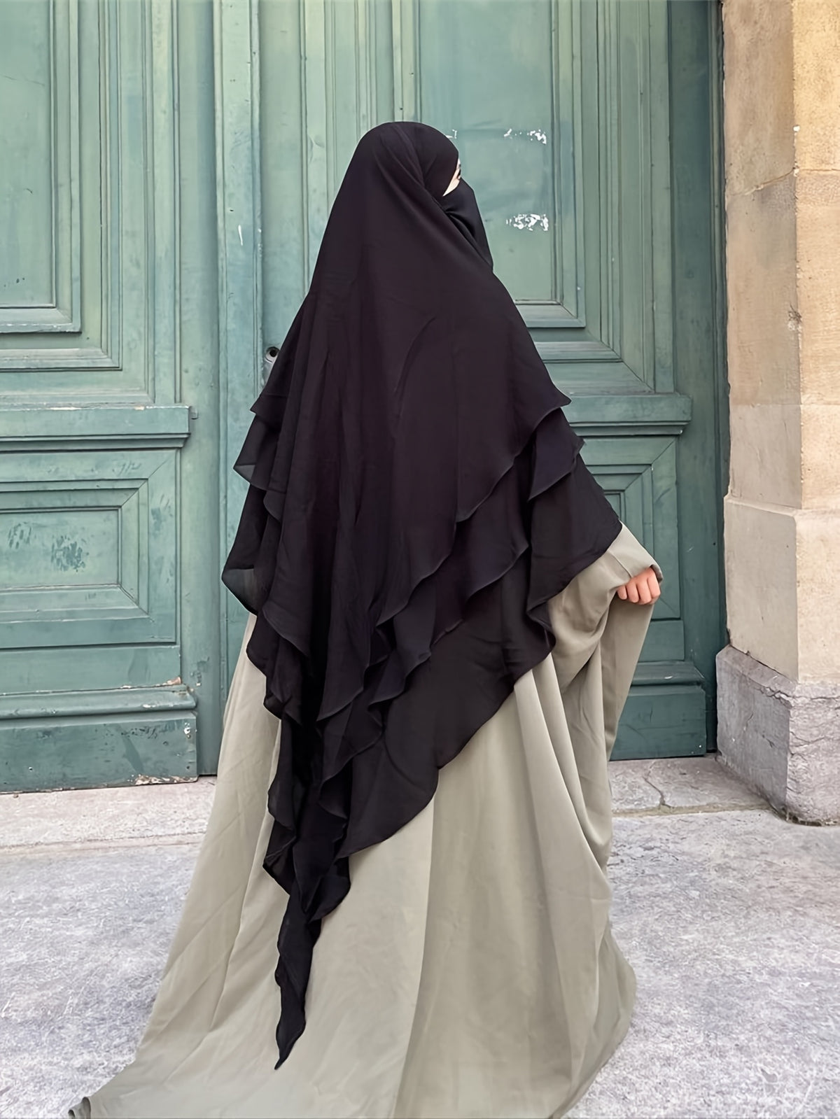 1pc Fashionable, Elegant and Casual Three-layer Chiffon Fabric Solid Color Suitable for Daily Wear, Loose and Comfortable Women's Abaya Headscarf, Women Wedding Robe Aid Femme Abayas for Women Muslim Jilbab Femme Khimar - Black