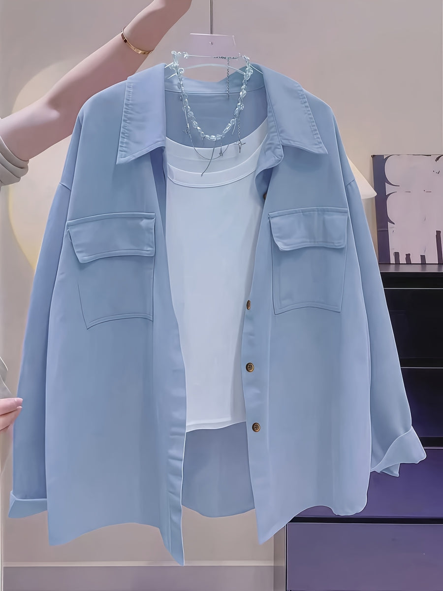 Women'S Purple Button-Front Shirt Collar Blouse, Long Sleeve Regular Fit Fabric Top, Suitable for Casual Wear - Light Washed Blue