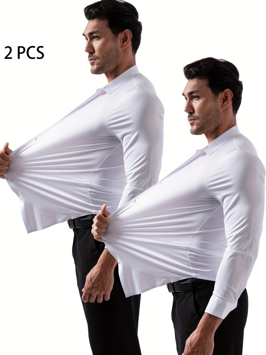 2pcs Set of Seamless Pressure Adhesive High-Elasticity Non-Iron Men'S Dress Shirt Long Sleeve Business Casual Formal Top, Material 88% Polyester 12% Spandex, Fabric Weight 160G, Casual - White+White