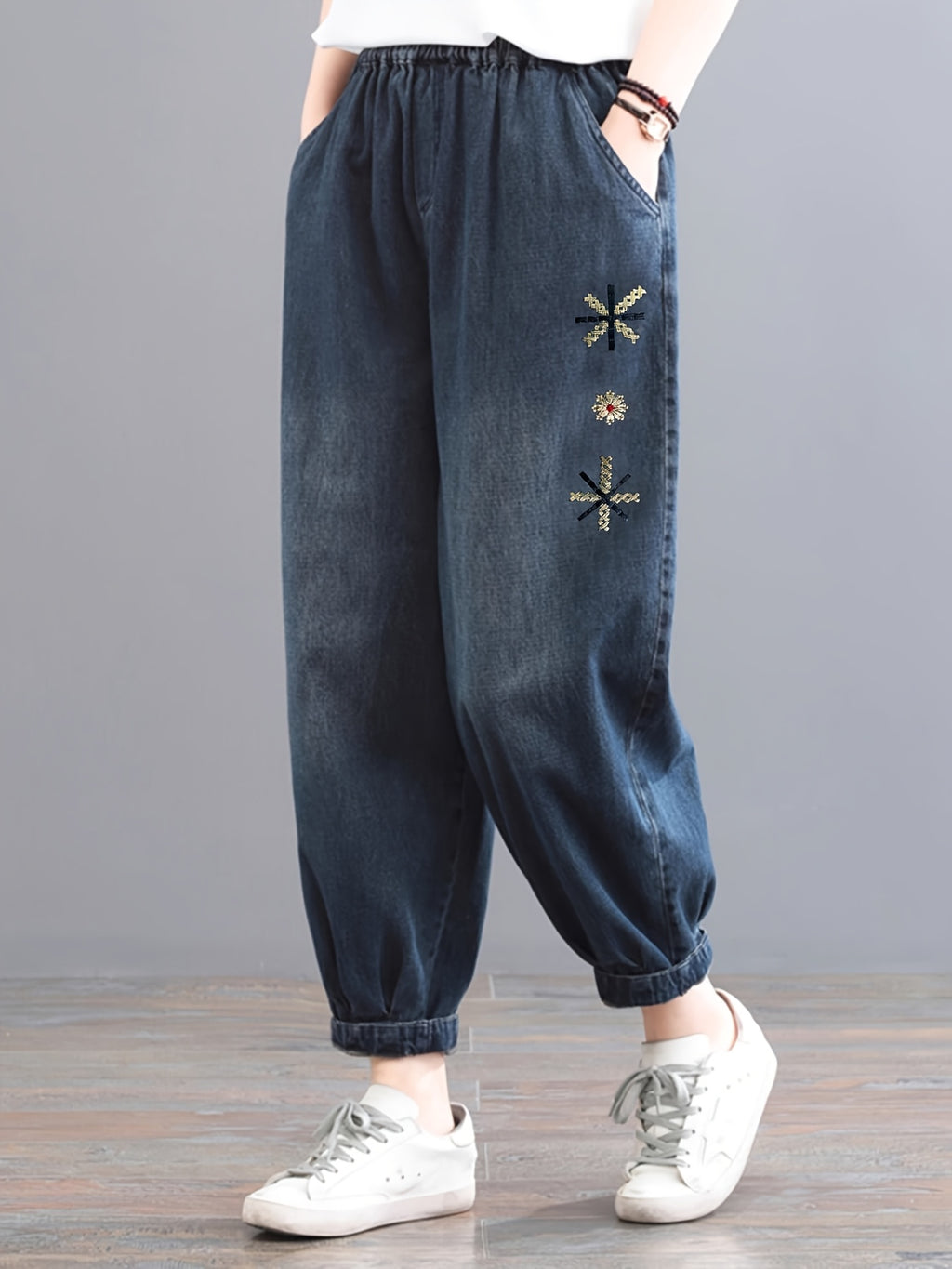 Women'S All-Season High-Waist Embroidered Loose Tummy-Control Distressed Casual Jeans, Fashion Elastic Waist Ankle-Cinching Straight Trousers, Lantern Pants, Harem Pants - Bright Steel Blue