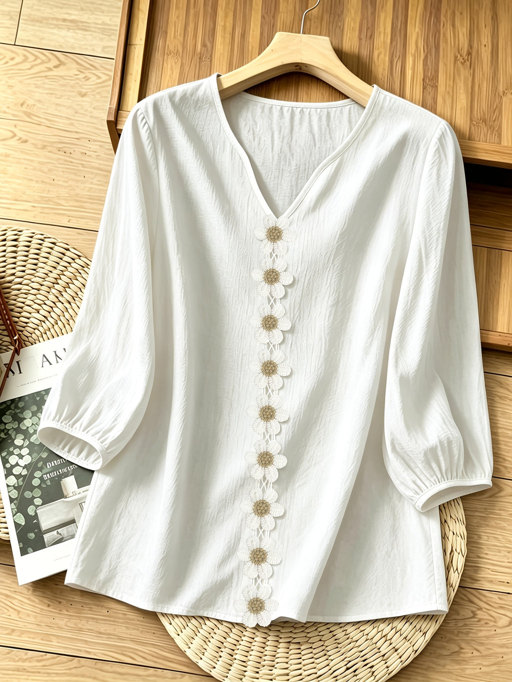 French-Style Gentle Textured Shirt with V-Neck, Lace Floral Design, Lantern Sleeves, Loose Fit, Relaxed Style, Versatile Daily Top - White