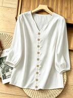 French-Style Gentle Textured Shirt with V-Neck, Lace Floral Design, Lantern Sleeves, Loose Fit, Relaxed Style, Versatile Daily Top - White