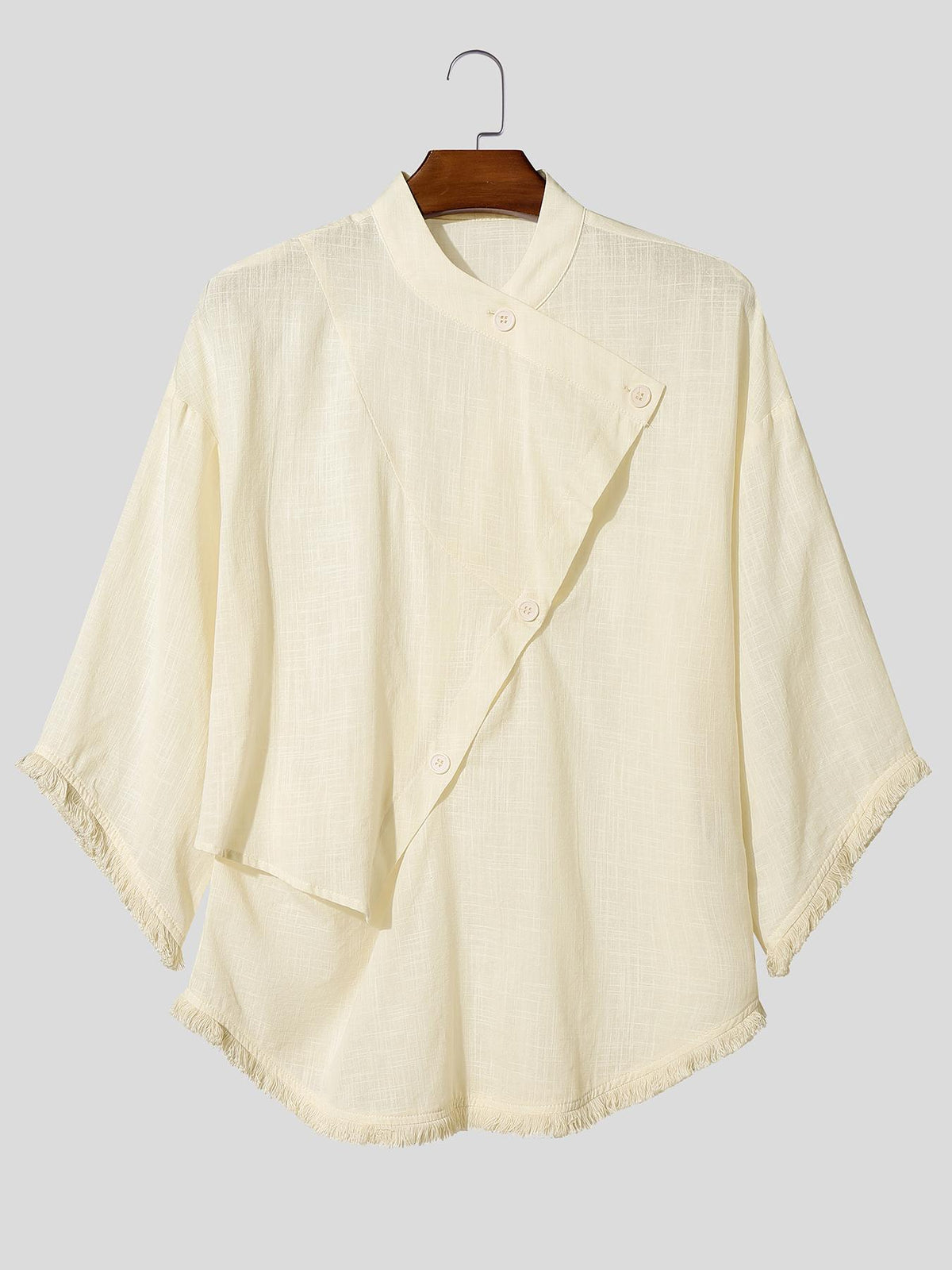 Men Leisure Tops Tassel Decor Stand Collar Half Sleeve Loose Thin Outdoor Street Summer Casual Shirt - Apricot