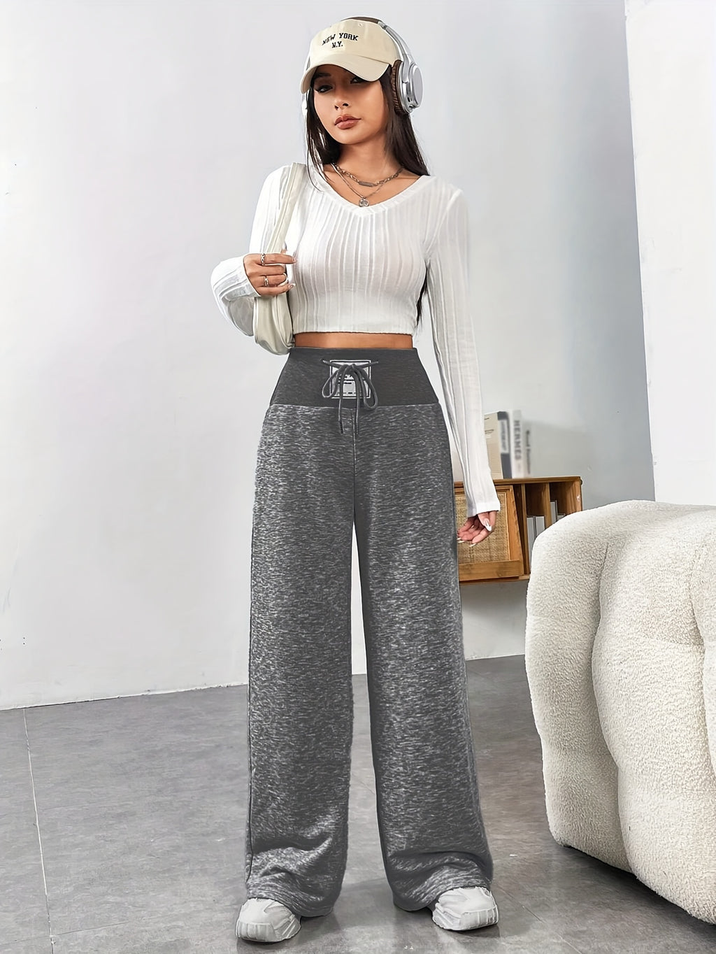 High-waisted Ribbed Waistband Wide-leg Pants with Contrast Drawstring and Label, No Pockets, Solid Color, Versatile for Daily Commuting in Spring, Summer, and Autumn. Lightweight and Easy to Wear, a Fashionable Choice - Graphite Color