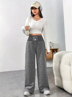 High-waisted Ribbed Waistband Wide-leg Pants with Contrast Drawstring and Label, No Pockets, Solid Color, Versatile for Daily Commuting in Spring, Summer, and Autumn. Lightweight and Easy to Wear, a Fashionable Choice - Graphite Color