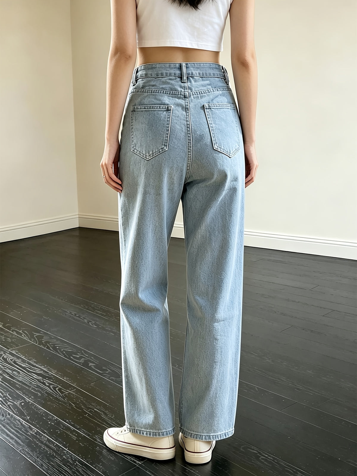 2pcs Set Light Blue Straight-Leg Jeans Women'S Suitable for Petite Retro Washed Loose Straight-Leg with Pockets Non-Stretch Casual Trousers - Light Blue