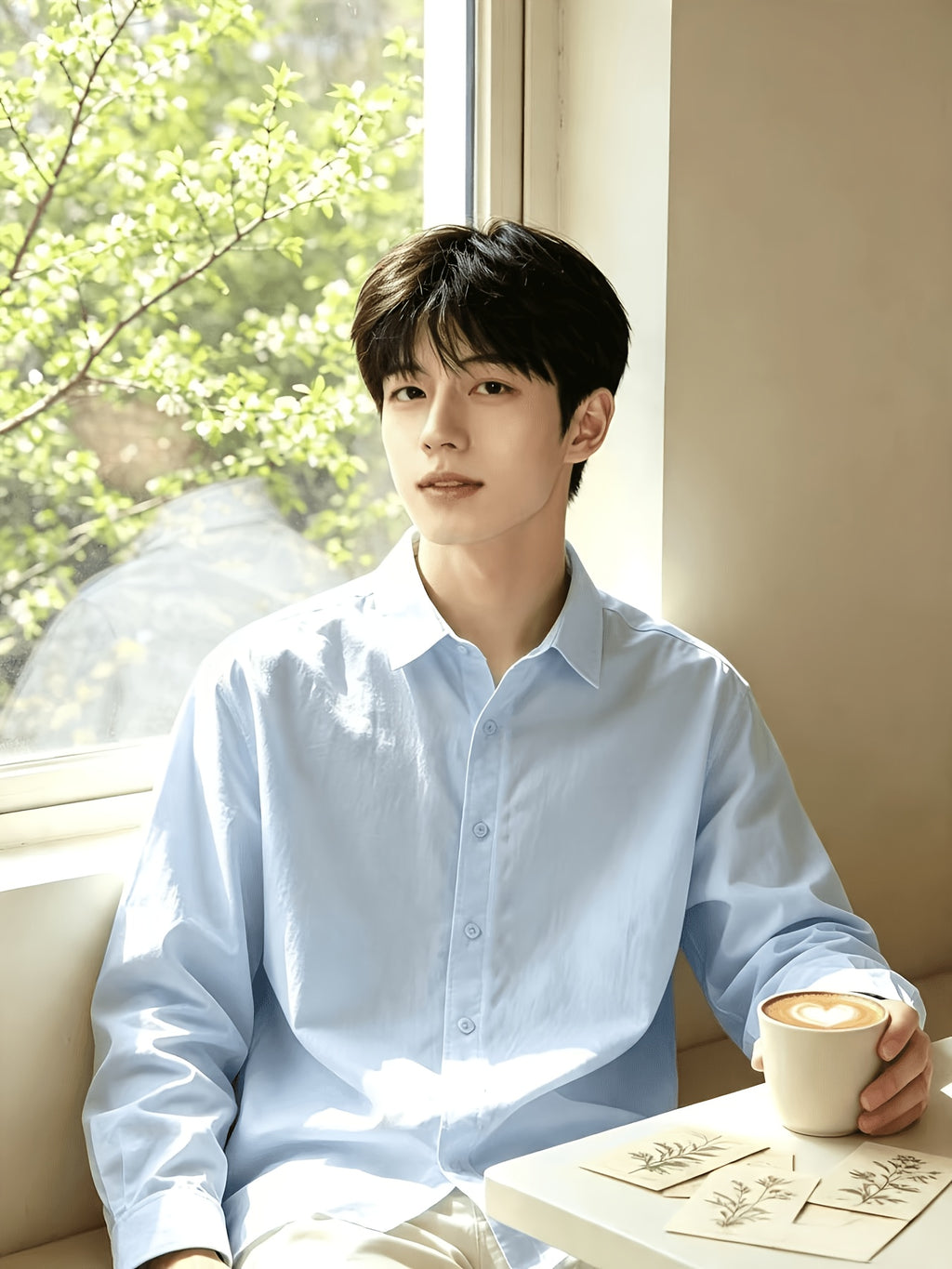 Men'S Autumn Classic Solid Color Long Sleeve Button-Up Shirt, Lapel Collar Casual Blouse, Loose Soft Breathable Daily Top - Light Blue