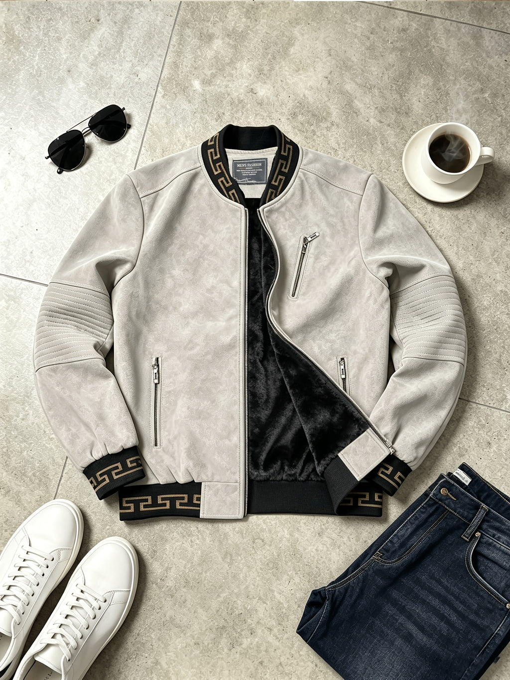 Men's -Lined -Look Baseball Jacket, Vintage Herringbone Ribbed Collar Casual Baseball Coat, for Daily Outdoor Streetwear - Light Grey