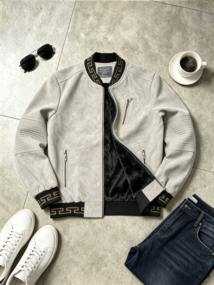 Men's -Lined -Look Baseball Jacket, Vintage Herringbone Ribbed Collar Casual Baseball Coat, for Daily Outdoor Streetwear - Light Grey
