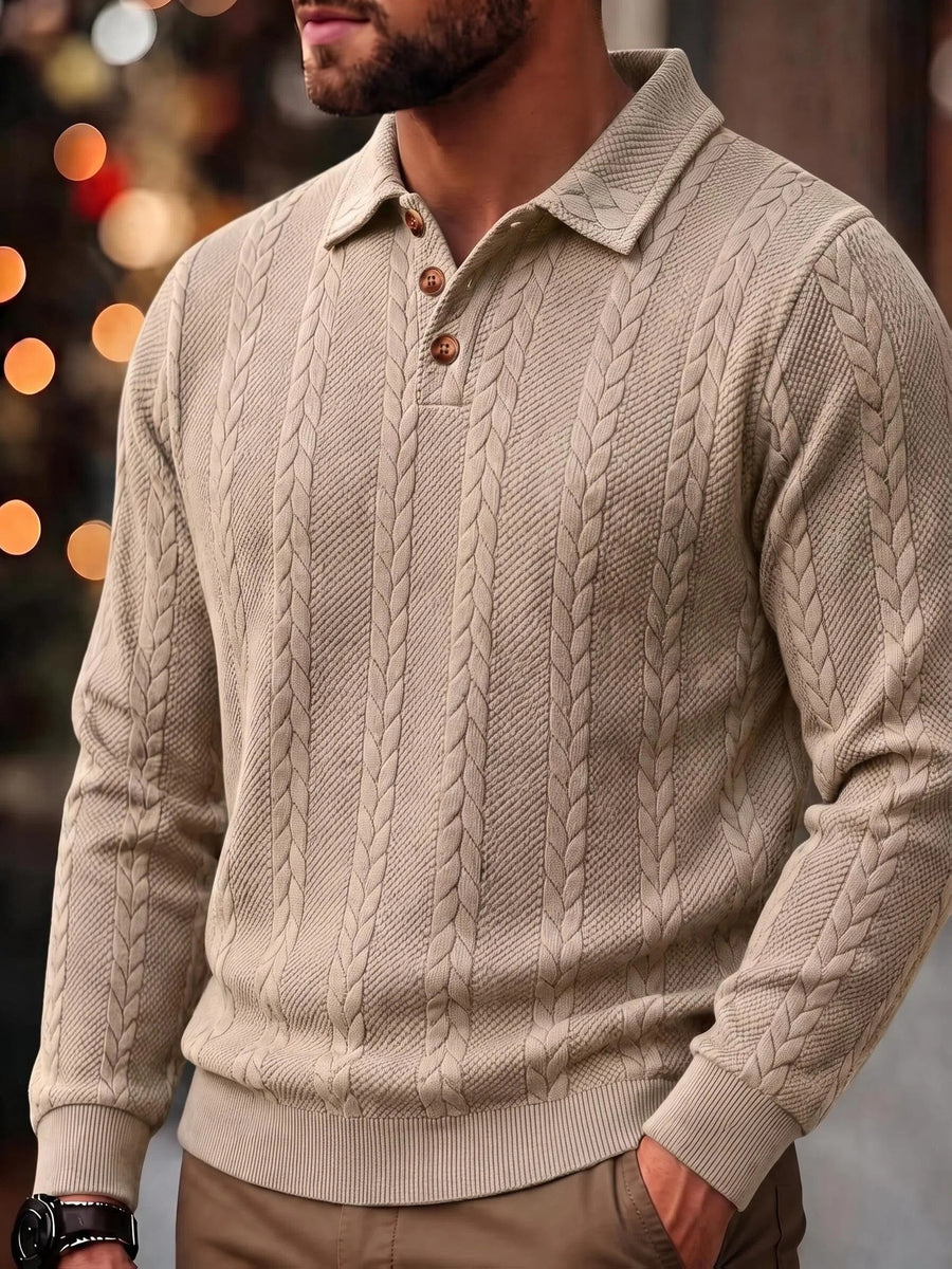 1pc Men's Striped Jacquard Long-Sleeve Polo Shirt, Autumn/Winter Textured Vintage Style Outdoor Casual Henley Top - Khaki