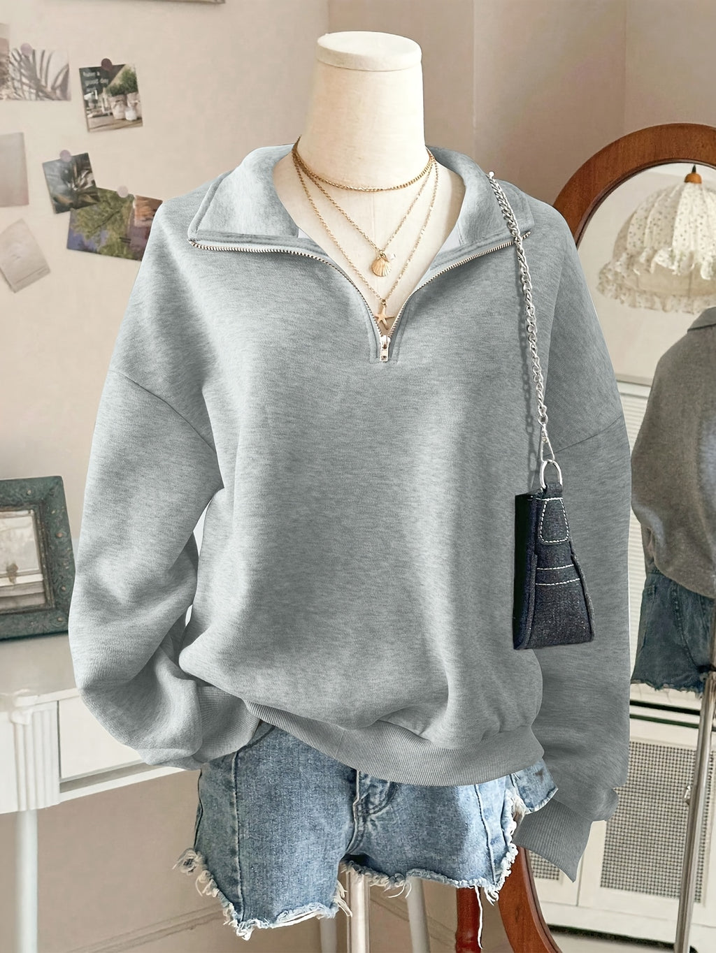 New Autumn/Winter Fashion Women's Trendy  Minimalist Solid Color Style Casual Versatile Neckline Zipper Sweatshirt - Light Grey