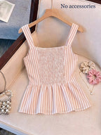 TD0413033 Women's Square Neck Striped Camisole with Waist-Cinching Hem Slit, Ruffle Single-Breasted Design, Suitable for Casual Vacations - Apricot Pink