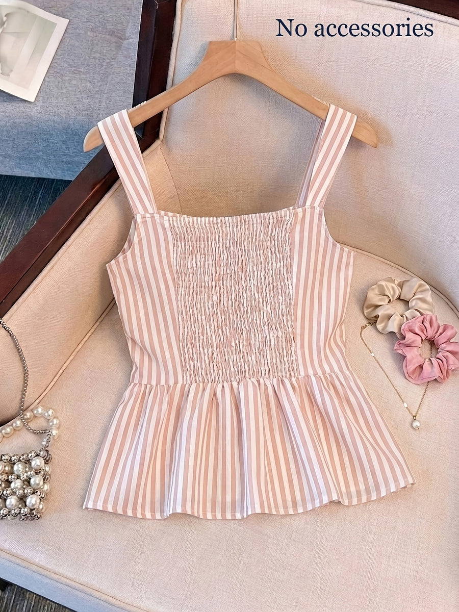 TD0413033 Women's Square Neck Striped Camisole with Waist-Cinching Hem Slit, Ruffle Single-Breasted Design, Suitable for Casual Vacations - Apricot Pink
