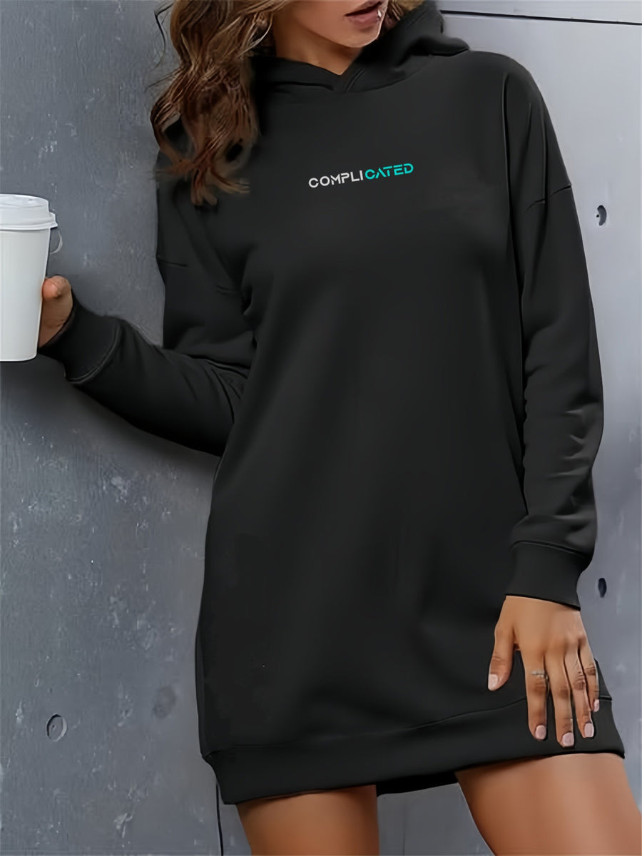 Fashionable And Elegant Long Hoodie with a Versatile Minimalist Print for Commuting - Black