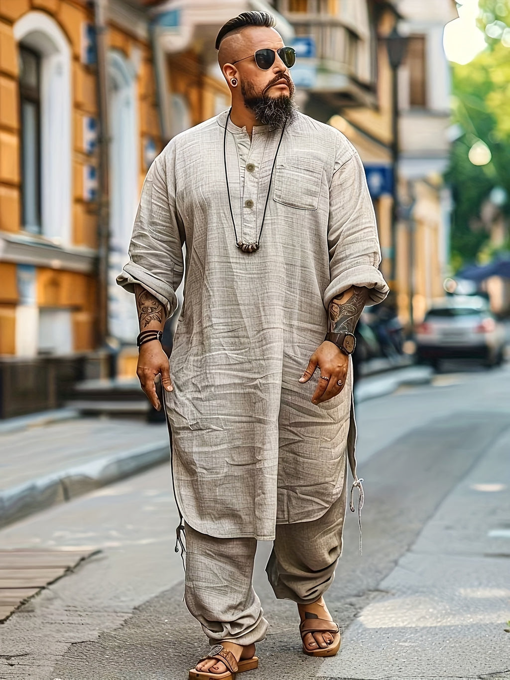 Men's Casual Top - Long-sleeve Button- Shirt with Small Pocket, Stylish and Casual, Suitable for Autumn Wear; Lightweight and Breathable Long-length Top, Ideal for Daily Outings, Work, and Spring & Summer Seasons - Khaki