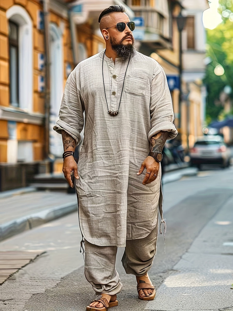 Men's Casual Top - Long-sleeve Button- Shirt with Small Pocket, Stylish and Casual, Suitable for Autumn Wear; Lightweight and Breathable Long-length Top, Ideal for Daily Outings, Work, and Spring & Summer Seasons - Khaki