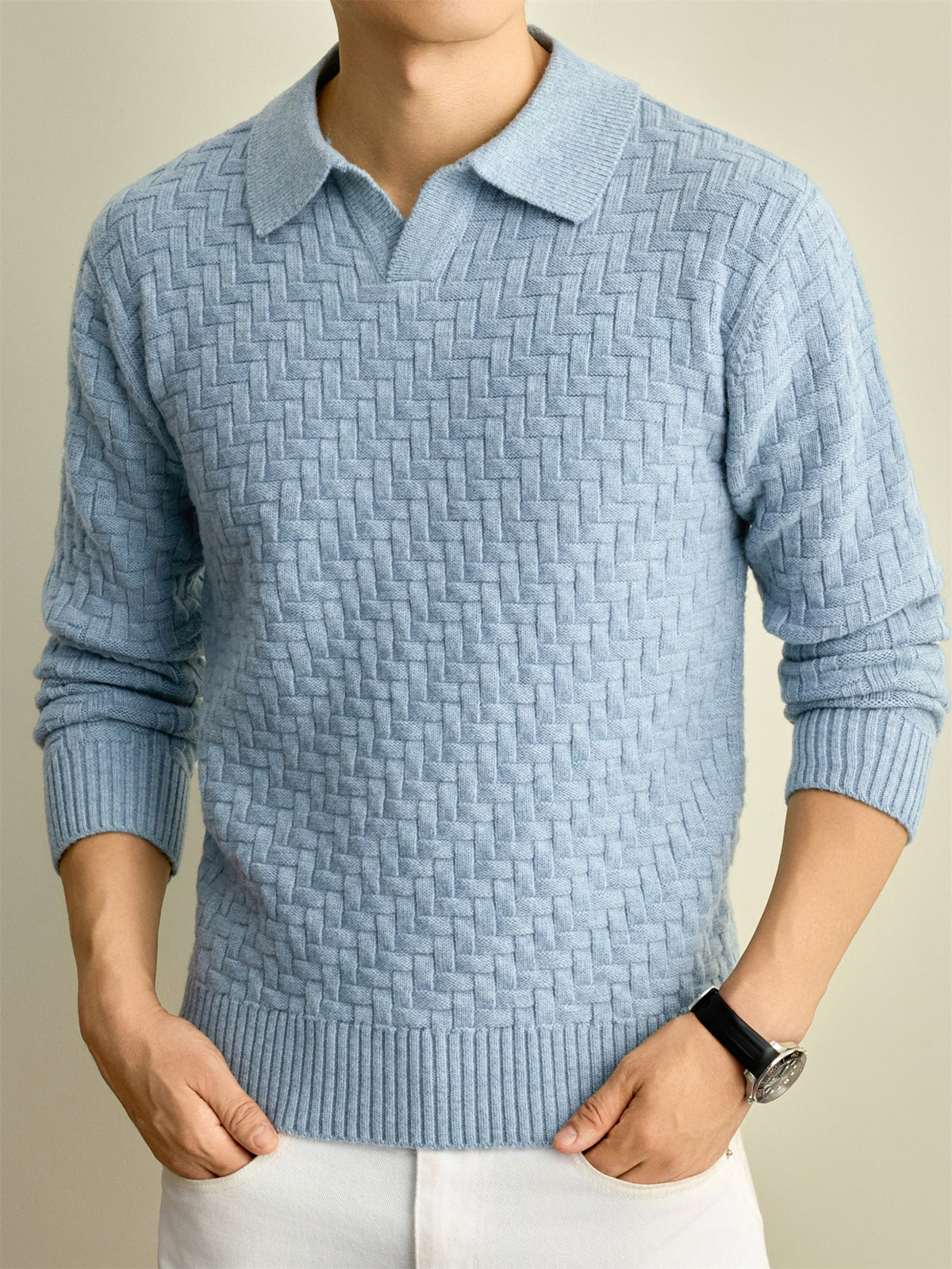 Autumn Winter Knit 3D Solid Color Lapel Polo Sweater, Basic Knit Pullover Top for Men, Fashionable Long Sleeve Sweater, Size S - Light Blue