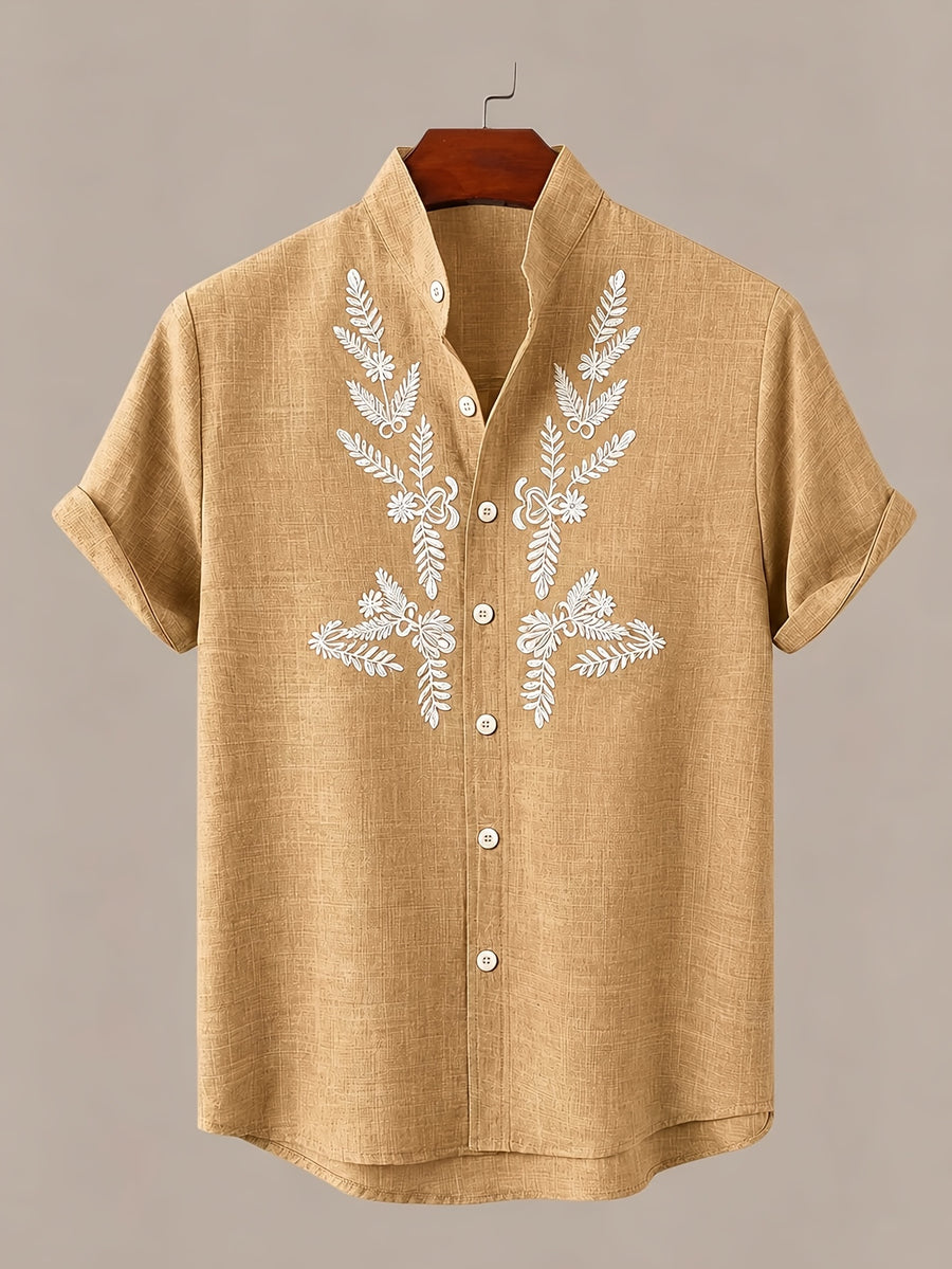 New Summer Men's Stand Collar Short-Sleeve Shirt, 100% Pure Cotton Bohemian Style Embroidered Pattern Casual Shirt, Comfortable and Breathable Fabric, Versatile Daily Top, an Excellent Choice for Home, Outings, Travel, and Beach Vacations - Khaki
