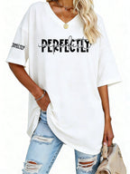 Women S Fashion V Neck Tee Featuring Relaxed Drop Shoulders - White