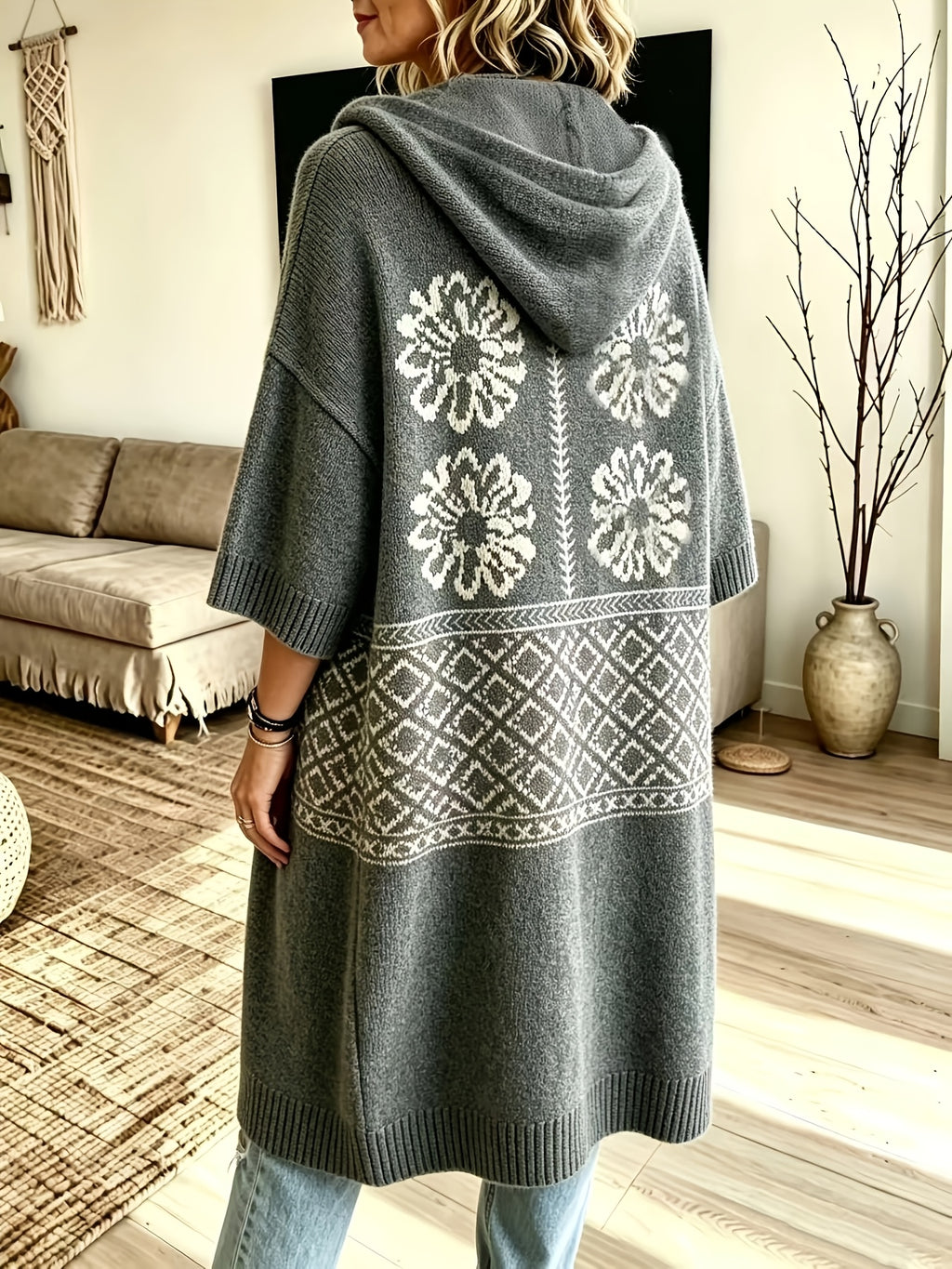 Plus Size - Women'S Elegant Fair Isle Sweater Hooded Long Coat, Suitable for Autumn And Winter, Loose Fit Women'S Long Hooded Jacket, Casual Wear, Festive Wear, And Commute Wear, Christmas Women'S Sweater Coat, Suitable for Curvy Women - Grey