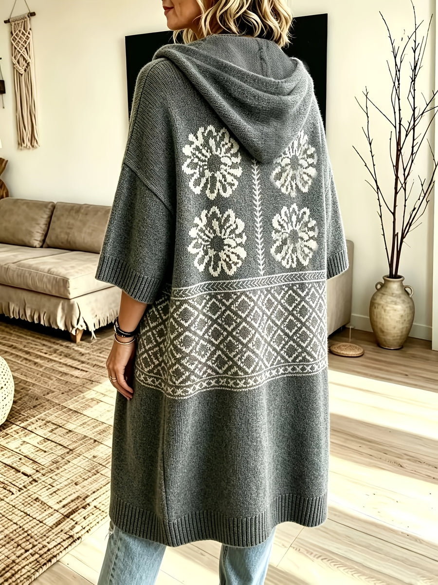 Plus Size - Women'S Elegant Fair Isle Sweater Hooded Long Coat, Suitable for Autumn And Winter, Loose Fit Women'S Long Hooded Jacket, Casual Wear, Festive Wear, And Commute Wear, Christmas Women'S Sweater Coat, Suitable for Curvy Women - Grey