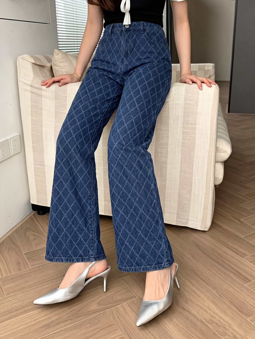 Trendy and Versatile, Stylish with Wide Legs, Comfortable and Elegant Women's Pants, 2026 New Denim Plaid Fashion Pants - Blue
