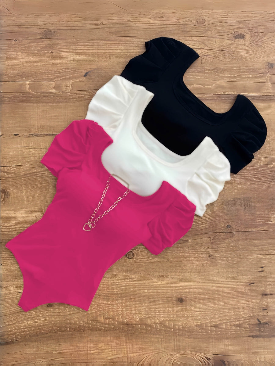3-Pack Elegant Square Neck High-Elasticity Short Sleeve Tops for Women | Spring/Fall, Solid Color, Regular Fit - Black+White+Magenta