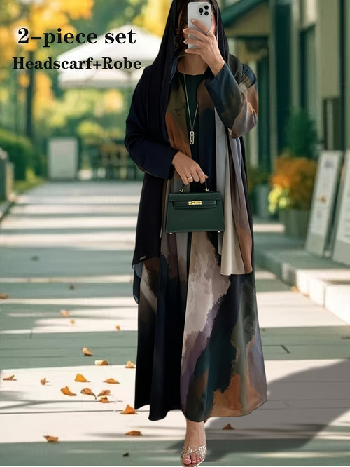 (2PS) ZD0917501 Middle Eastern Long Loose Elegant Casual Outerwear for Outings, Beach, and Vacations, Tie-Dye Style Dress, Women's Robe + Headscarf - Black