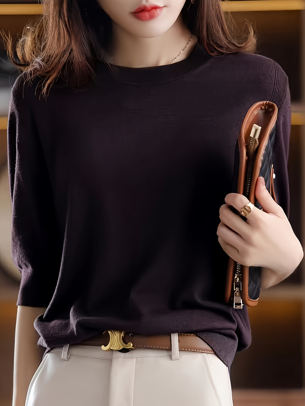 Women's Fine-Spun Round Neck Mid-Sleeve Top, New Spring/Autumn Vintage Elegant Top, Five-Part Sleeve Base Layer Shirt - Claret