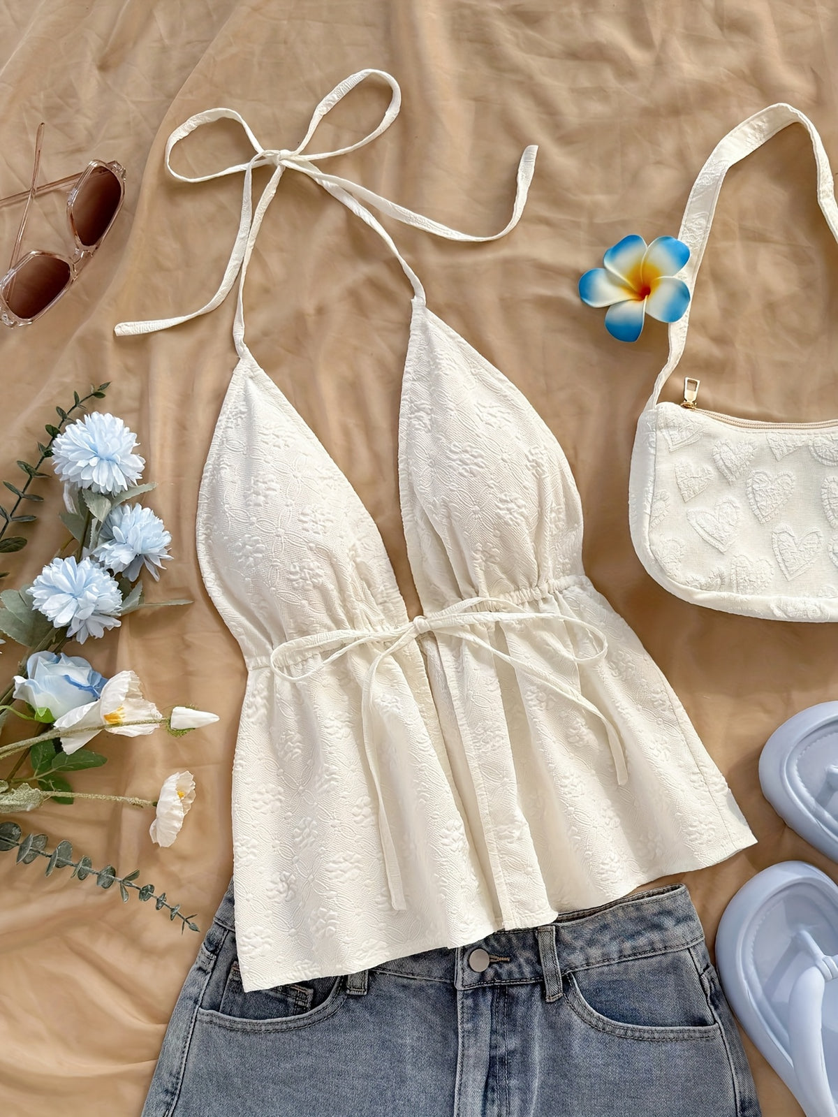 Solid Color Floral Texture Cute Top - Light Beige