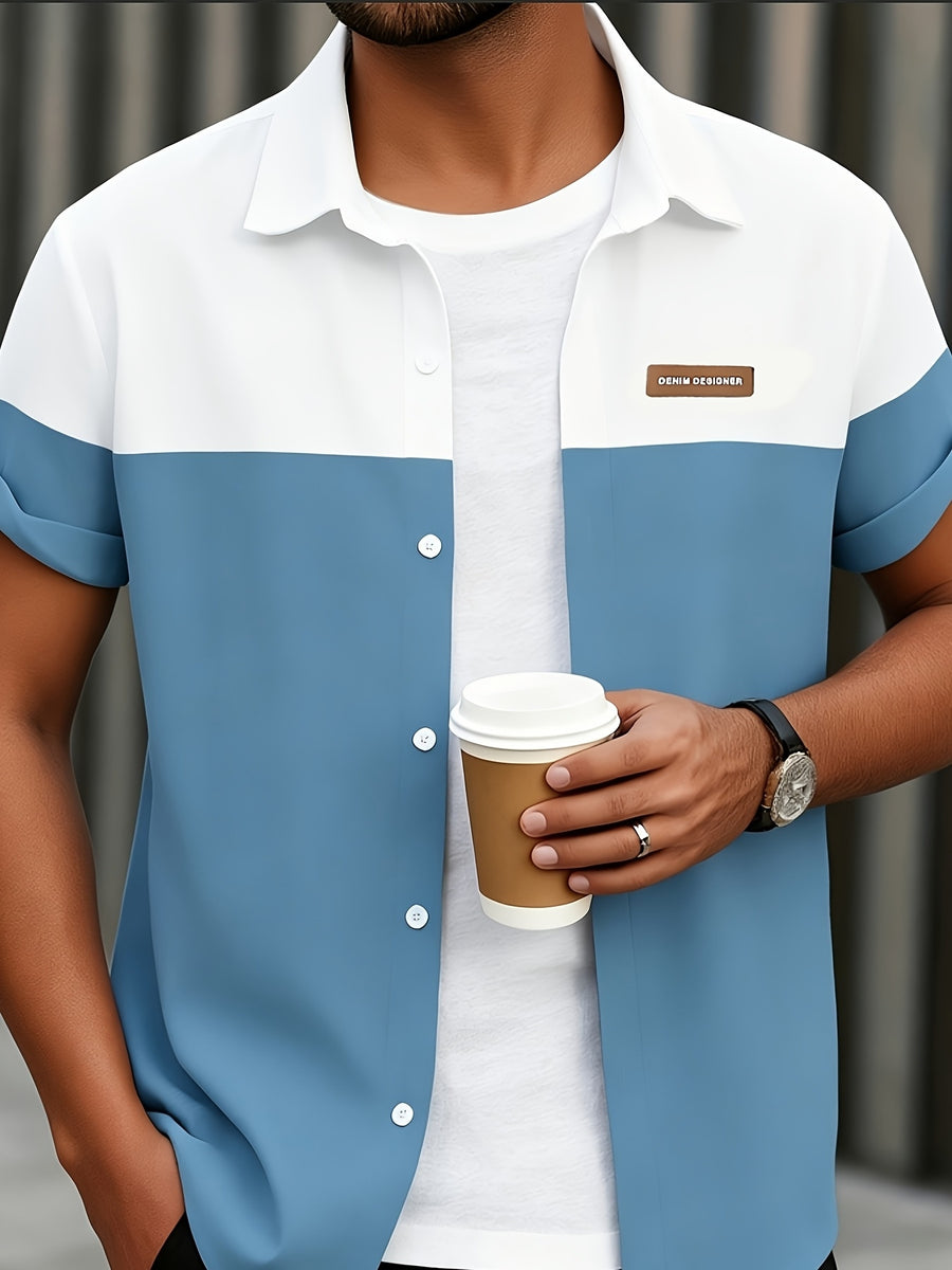 Printed Design - Not Textured—Men's Wrinkle-resistant Quick-dry Loose Camp Shirt, Flat Two-block Spliced with Small Chest Label Text Print, Breathable Top for Daily Commute - Mixed colors