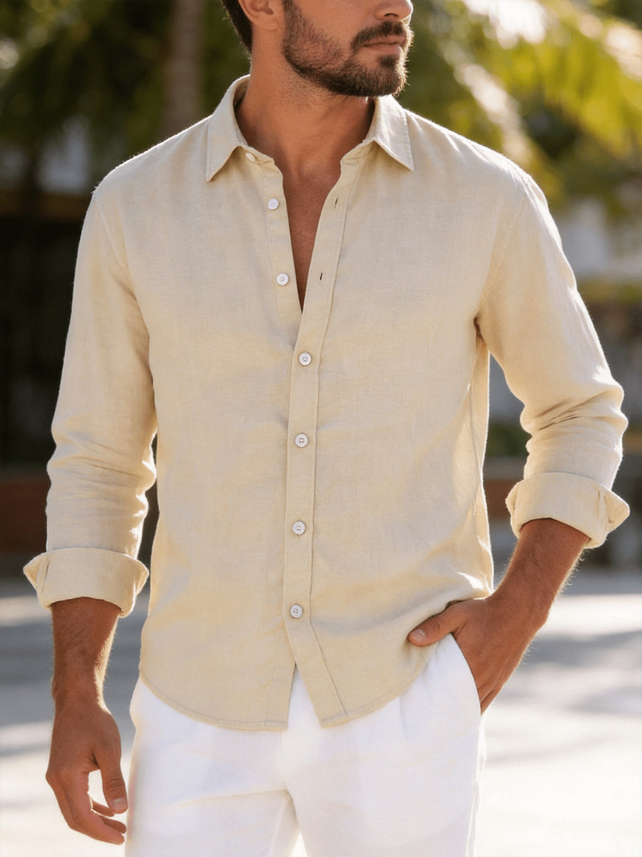 Single Piece Loose and Comfortable Men's Long Sleeved Shirt, with a Simple and Versatile Solid Color Style, Button Opening and Closing Design, Suitable for Casual Daily Wear. - Khaki