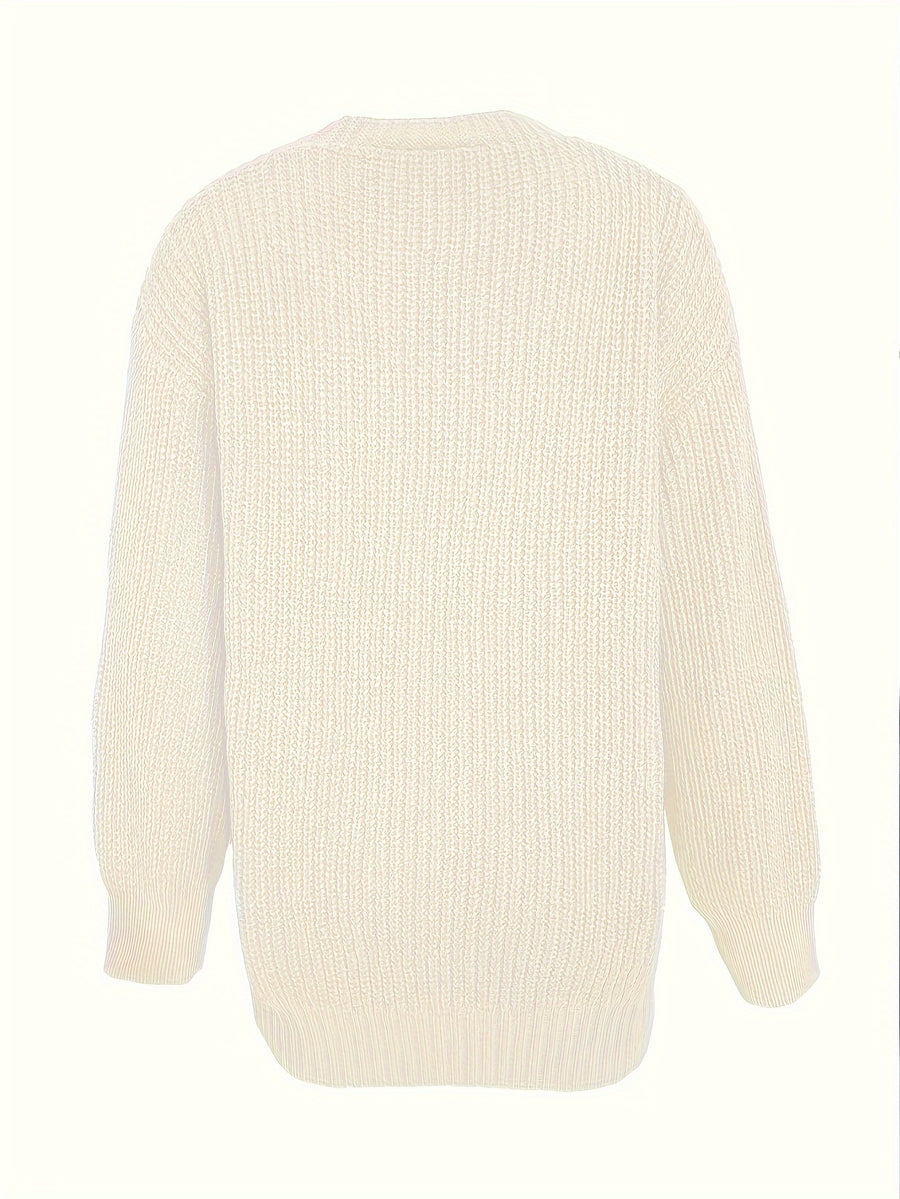 Women'S Autumn Winter New V-Neck Single Button Long Sleeve Solid Color Cardigan - Off-white