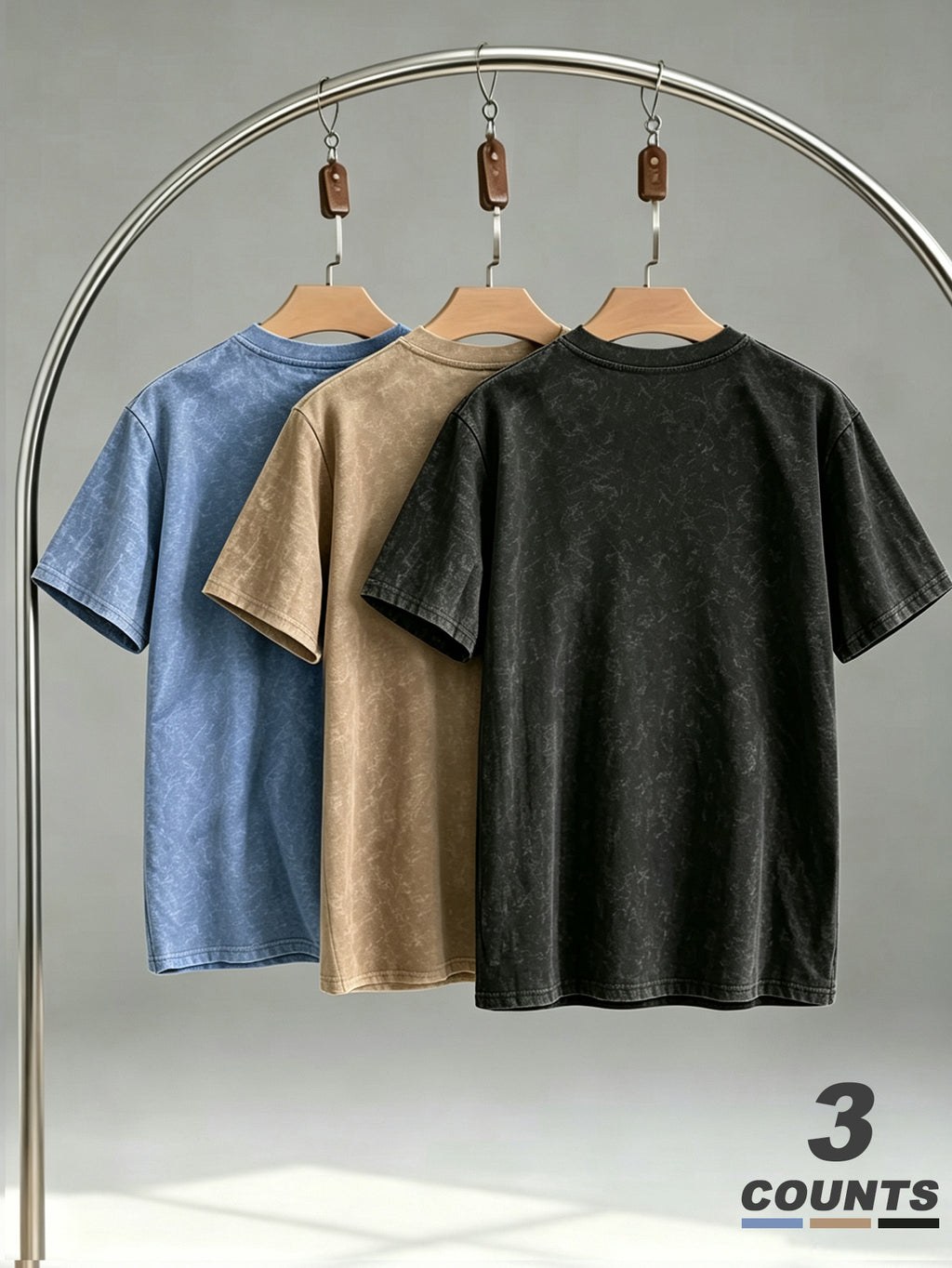 Street Style Distressed Washed Crew Neck Short Sleeve T-Shirt Men's 3pcs Set King Print Casual Top - Light Blue+Khaki+Black
