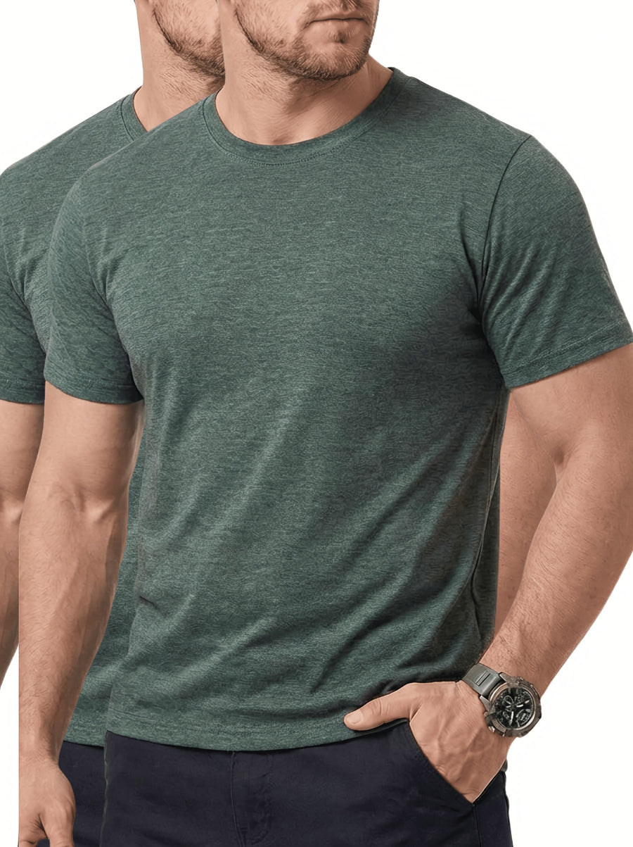 2pcs Round Neck Base Short Sleeve Top, Stretch Fabric Men'S Shirt, Western Summer Season Soft Fabric T-Shirt, Home Wear, Men'S Casual Top, Base Layer, Multi-Scene, Suitable for Various Styles, Travel, Business, Golf, Countryside Travel, Knit - Deep Green