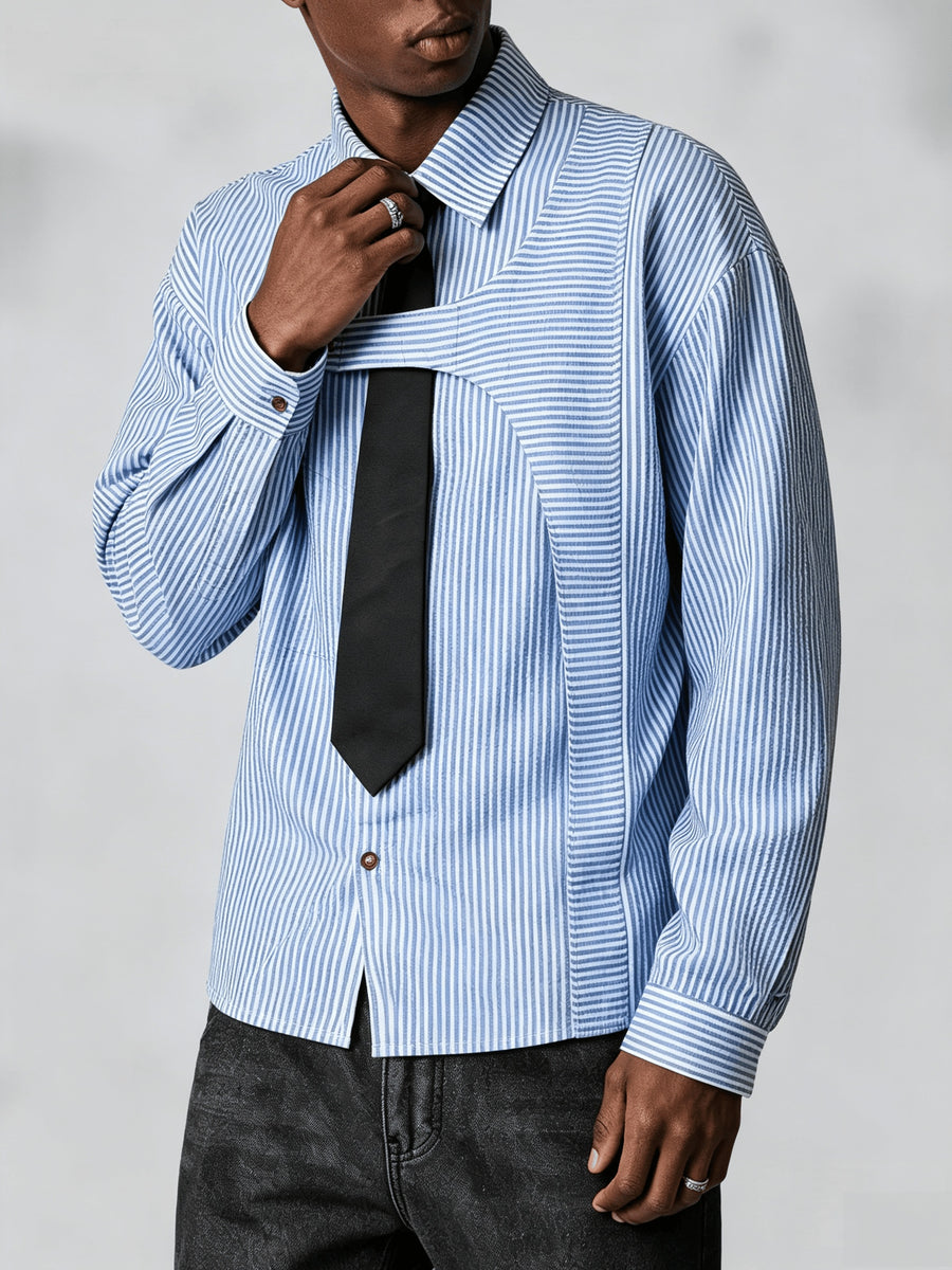 Men's Casual Striped Shirt with Detachable Tie, New Spring/Autumn Niche Design Lapel Long-Sleeve Shirt, Suitable for Daily Outings and Outdoor Commuting, Stylish and Versatile Casual Long-Sleeve Shirt - White And Blue Stripes