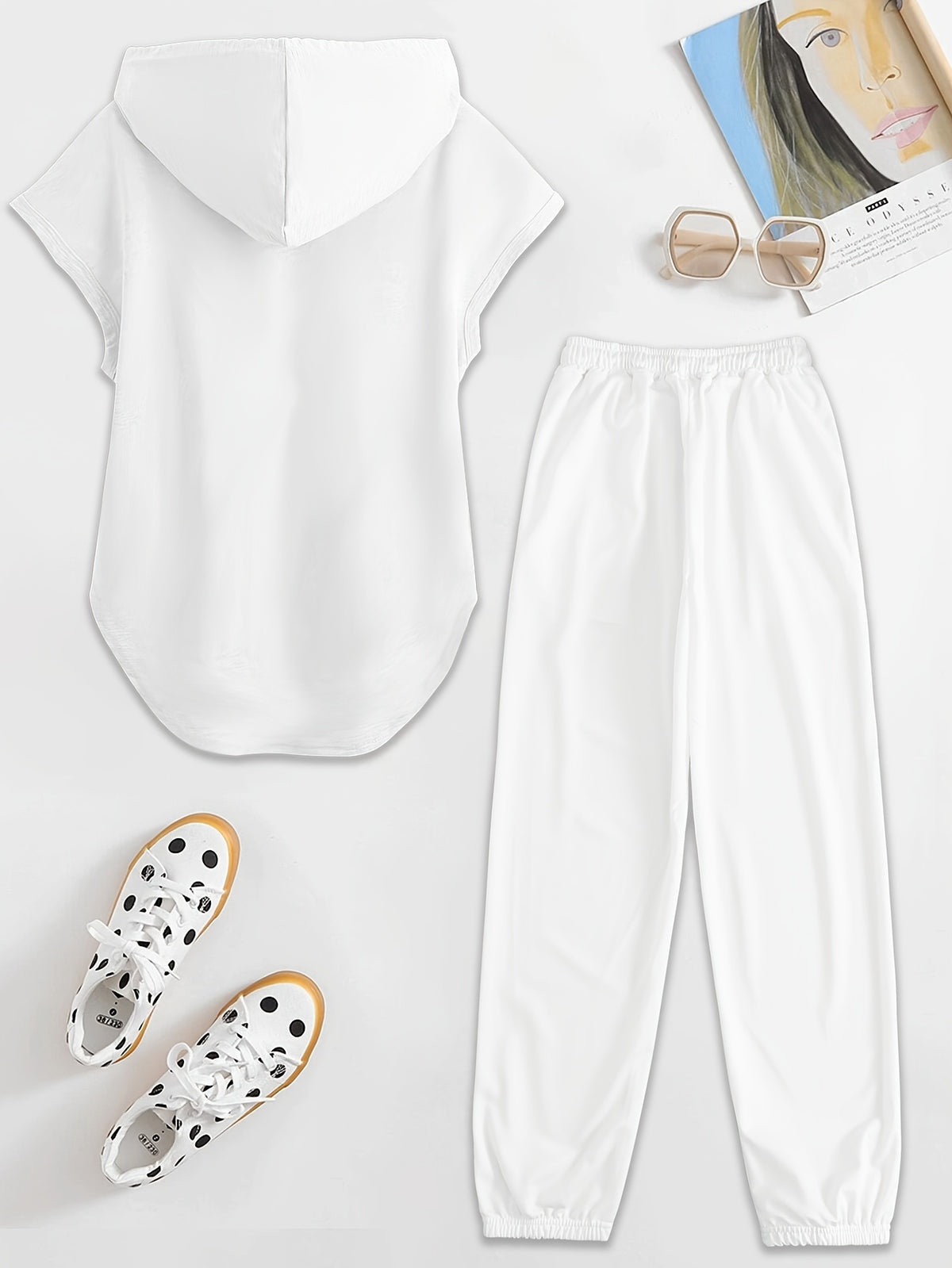 Women's Two-Piece Drawstring Sleeveless Hooded Top and Summer Letter Print Pants Set, Elastic Waist Casual Pants, Winter ; Christmas, Cyber Monday, New Year, Commuting, Casual Yet Appropriate, Daily Outfit - White