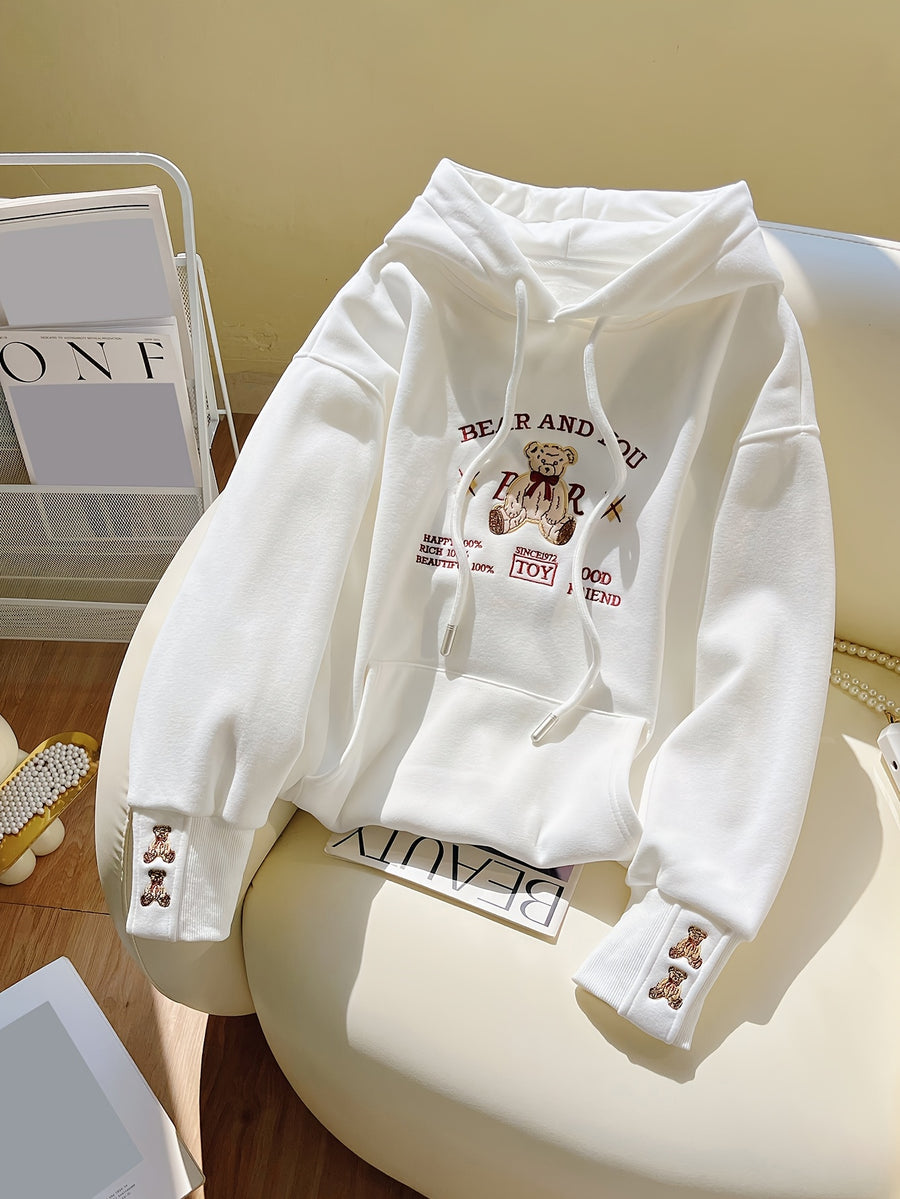 Spring and Autumn Vintage Bear Embroidery Sweatshirt for Women, Lightweight Loose Fit Jacket for Petite Figures - White