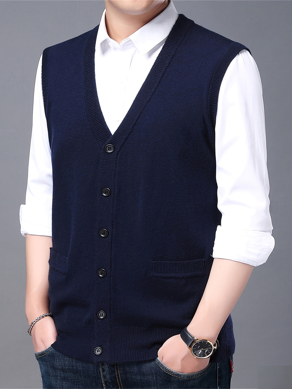 Autumn Winter Men'S Knit Cardigan Vest Men'S Casual Solid Color Pocketed Knit Vest Men'S V-Neck Open Front Sleeveless Sweater - Navy Color