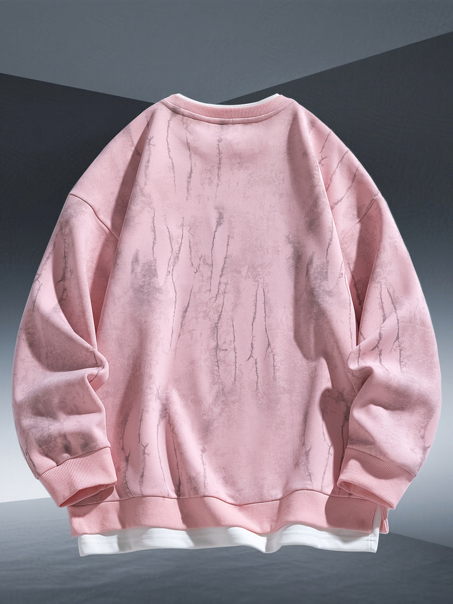Autumn And Winter New Men'S Trendy Round Neck Sweatshirt, 320 Gram Blend Tie-Dye Sweatshirt, Fashionable Fake Two-Piece Pullover - Pink Color