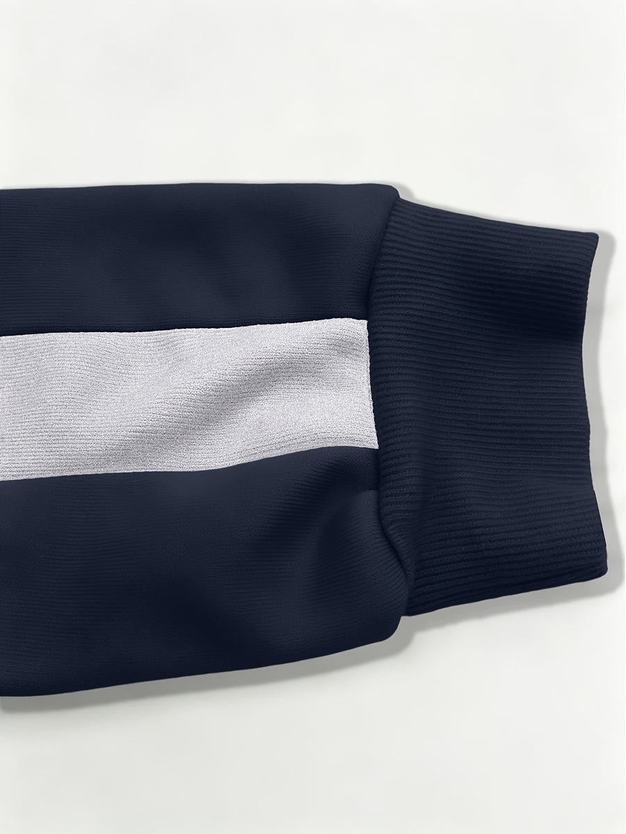 Men'S Three-Piece Casual Hooded Sweater Set, Featuring Contrast-Colored Spliced Sleeves with Drawstrings, Loose-Fitting Pullover Shirt, Long-Sleeved Sports Top for Daily Wear - Navy Blue + Navy Blue + Navy Blue