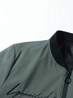 Men's Windproof Pilot Jacket with Letter Embroidery, Full Zip Closure, Suitable for Outdoor Sports, Hiking, Urban Commuting - Machine Washable, Polyester, Casual Fashion Versatile Trendy Black Coat, Essential for Stylish Men - fern green