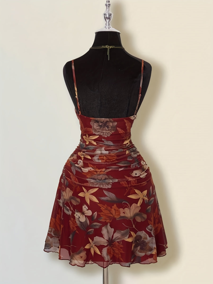 Women'S New Floral Print Ruched Decor A-Line Umbrella Skirt Cami Dress, Fashionable Elegant Vacation Commute Outing, Dating Party, Street Trendy, Casual Wear Short Dress Bridesmaid Gown, Suitable for All Seasons - The color of rouge