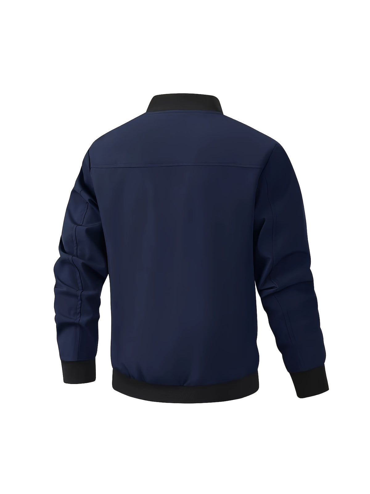 Holiday Gift Choice for Dad 1pc Men'S Black Windproof Solid Polo Metal Zipper Head Slant Pocket Biker Style Spring Autumn Slim Fit Commuter Casual Jacket - Navy Color