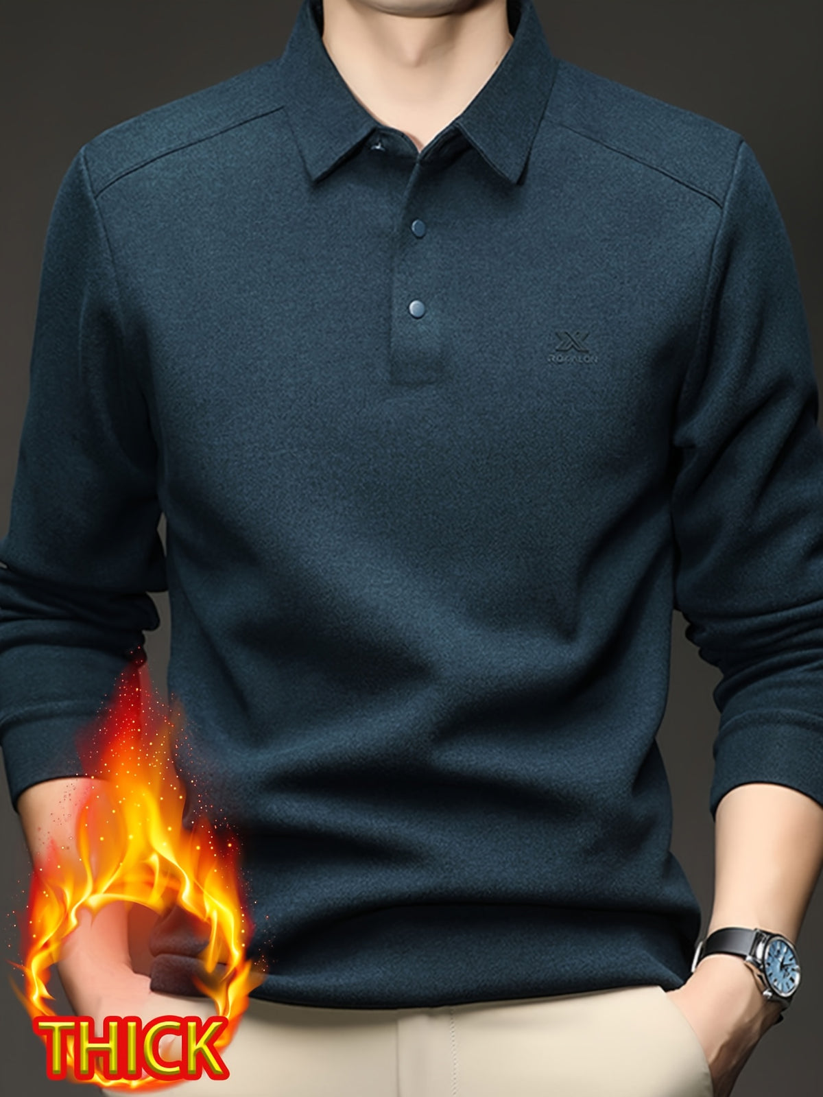 Thickened Men'S 3-Button Collar Polo Pullover Long Sleeve, Buttoned Placket, Ribbed Cuffs, Suitable for Autumn Inner And Outer Wear - SINBOS - Celadon Orchid