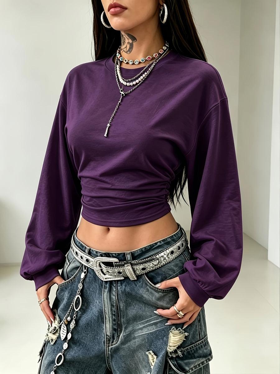 Women's Back-to- Season Basic Solid Color Pleated Asymmetrical Collar Long Sleeve Pullover Top, Autumn/Winter Casual Versatile Style,, Leisure, Dating, and Vacation Holidays in Multiple Scenarios - Purple