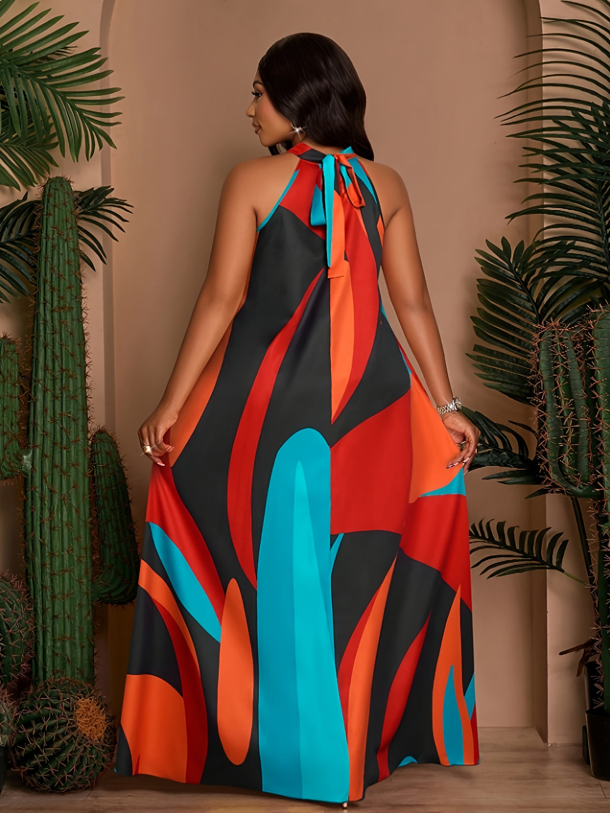 Women's Spring/Summer Elegant Loose-Fit Casual Printed Sleeveless Dress with Back Tie - Red