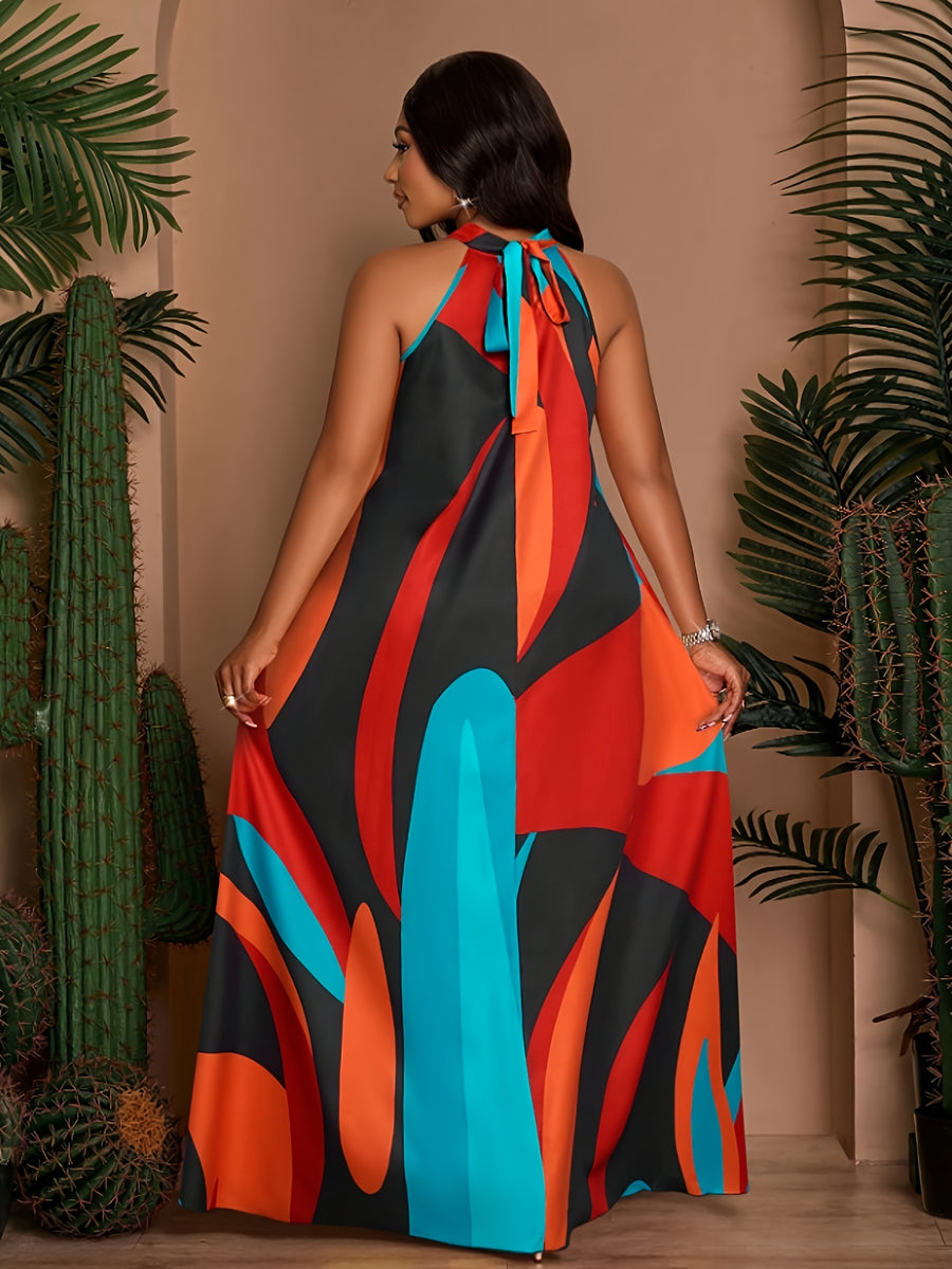 Women's Spring/Summer Elegant Loose-Fit Casual Printed Sleeveless Dress with Back Tie - Red