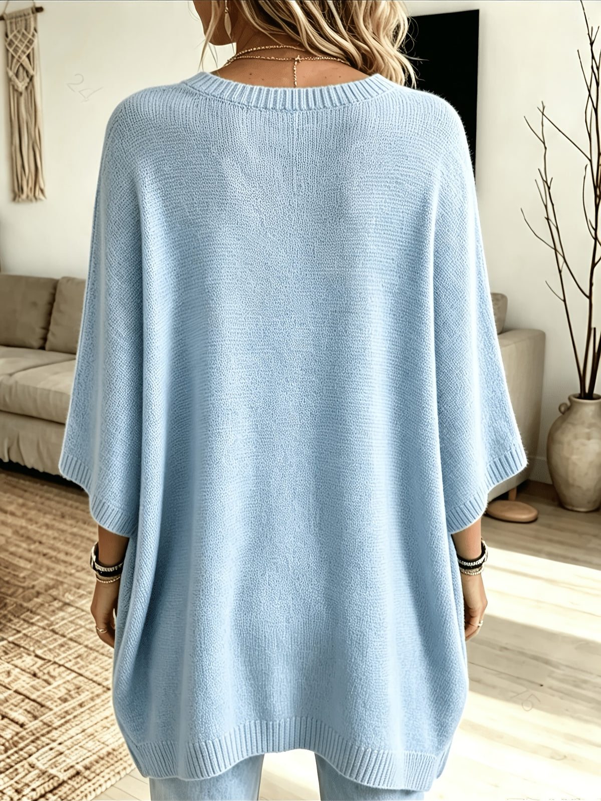 Plus Size, Women's Spring/Autumn Elegant Casual Cute Sexy Middle Eastern Style Spring/Autumn/Winter Solid Color Round Neck Batwing Sleeve Split Hem Irregular Loose Soft Warm Shawl Cape Pullover Sweater Top - Sky Blue